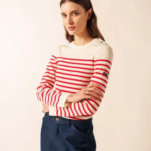 Pull marin rayé Marée - en laine mérinos (ECUME/TULIPE)