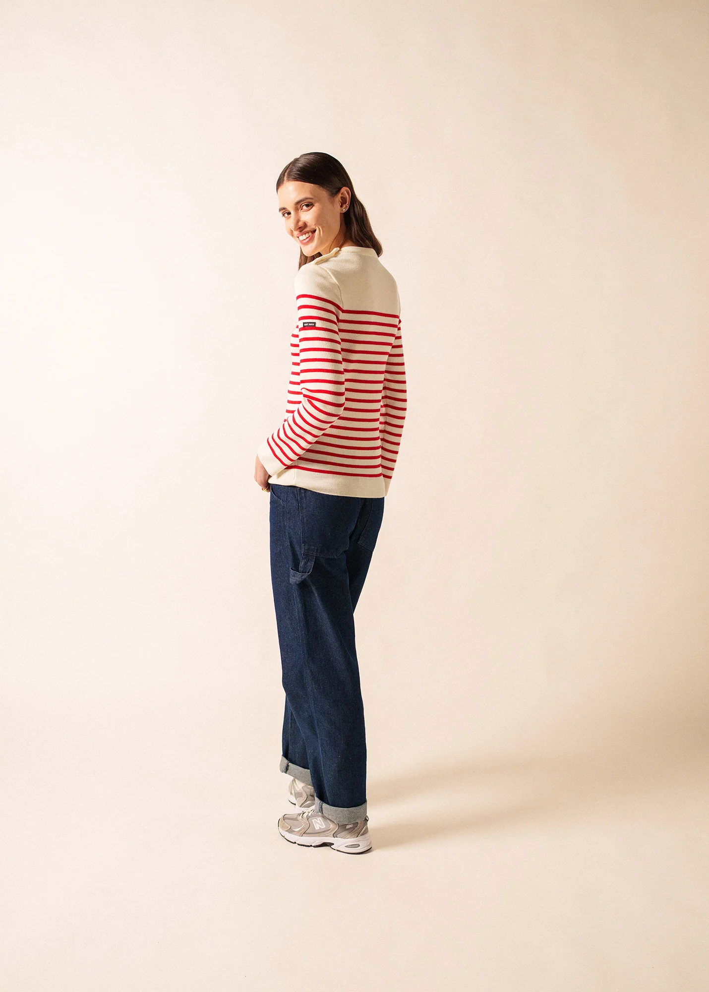Pull marin rayé Marée – en laine mérinos (ECUME/TULIPE)
